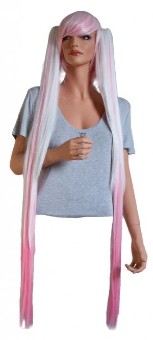 Cosplay Perücke in Weiss und Pink mit 2 Haar-Clips 110 cm 'CP004'