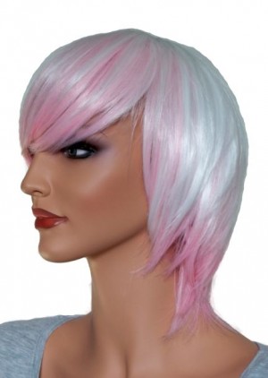 Short Cosplay Wig White with Pink  'CP003'