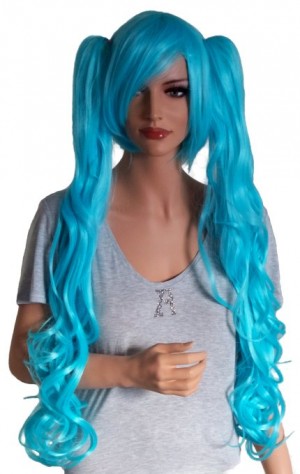 Perruque Cosplay Turquoise avec 2 Clips Cheveux Bouclés 70 cm 'CP002'