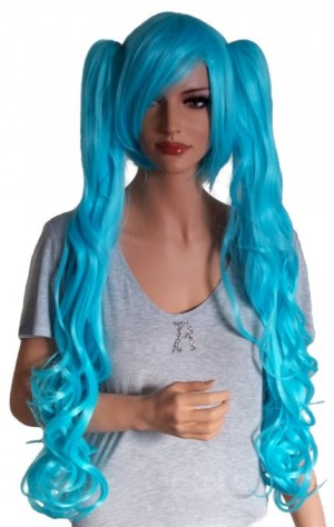 Cosplay Parrucca Turchese con 2 Clip Capelli Ricci 70 cm 'CP002'