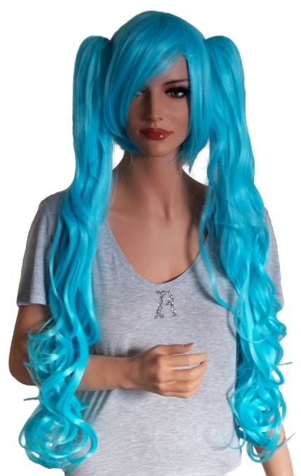 Peluca Cosplay Turquesa con Dos Pinzas para el Cabello Rizado 70 cm 'CP002'