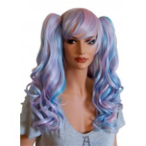 Manga Pruik krulhaar roze en blauw met twee haarspelden 'CP023'