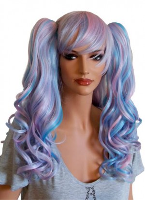 Manga Paryk krøllet hår pink og blå med to hårspænder 'CP023'